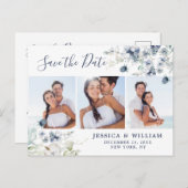 Carte Postale Faire-part Élégant feuillage bleu poussiéreux mariage à reten (Devant / Derrière)