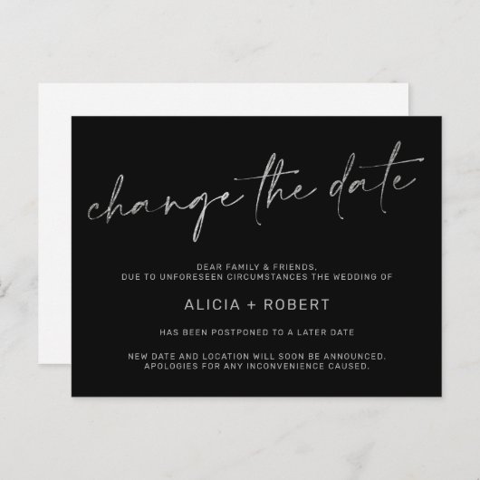 Carte Postale Faire-part Élégant feuille argent noir mariage changer la dat (Devant / Derrière)