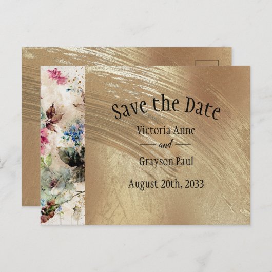 Carte Postale Faire-part Élégant Fleurs Aquarelle Or Save the Date (Devant / Derrière)