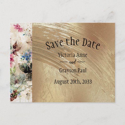 Carte Postale Faire-part Élégant Fleurs Aquarelle Or Save the Date (Devant)