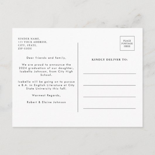Carte Postale Faire-part Élégant Gold Calligraphy Graduation (Dos)
