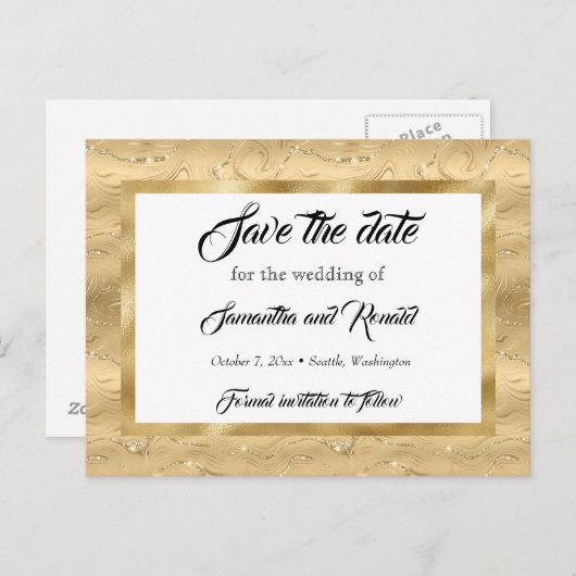 Carte Postale Faire-part Elégant Gold Faux Foil Wedding Enregistrer la date (Devant / Derrière)