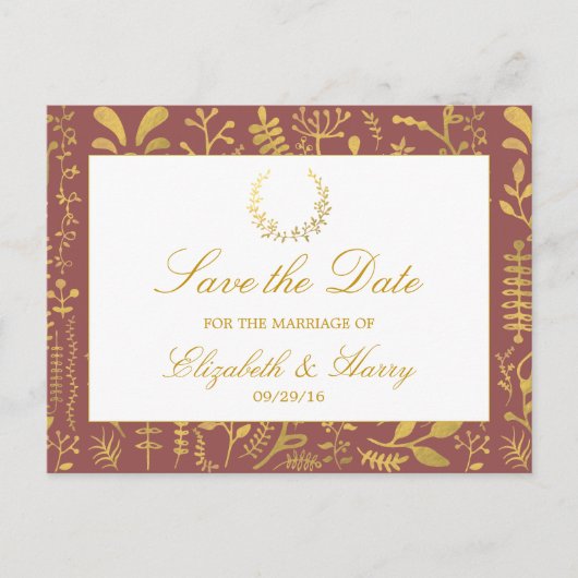 Carte Postale Faire-part Elégant Gold Floral Wreath Wedding Enregistrer La (Devant)