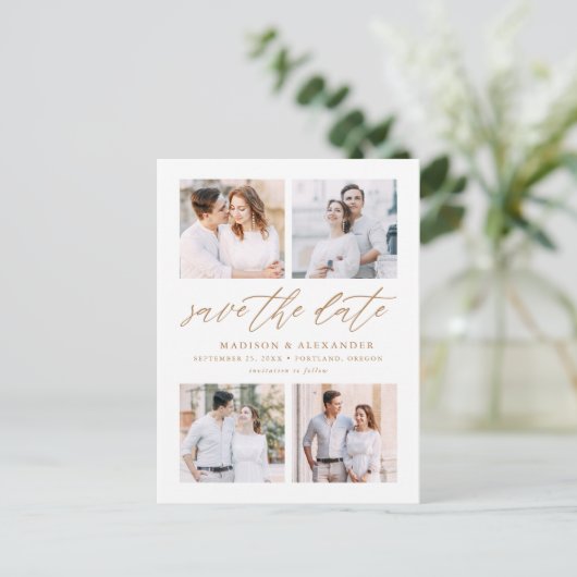 Carte Postale Faire-part Élégant Gold Script 4 Photo Collage Enregistrer La (Debout devant)