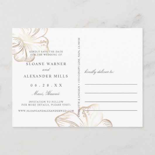 Carte Postale Faire-part Elégant Hibiscus d'or Mariage de fleurs Enregistre (Dos)