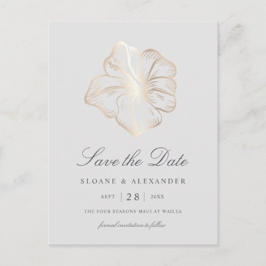 Carte Postale Faire-part Elégant Hibiscus d'or Mariage de fleurs Enregistre (Devant)