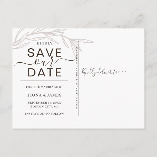 Carte Postale Faire-part Elegant Laurel Leaf Photo Sauver Notre Date (Dos)