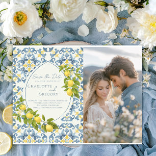 Carte Postale Faire-part Élégant Mariage citron en carrelage bleu italien