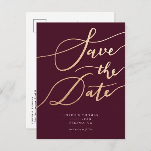 Carte Postale Faire-part Élégant mariage de script Gold en Bourgogne Sauvez (Devant / Derrière)