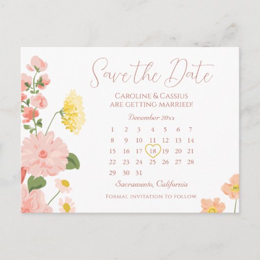 Carte Postale Faire-part Élégant Mariage Fleur Fleur Sauvage Calendrier Enr (Devant)