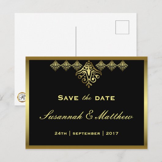 Carte Postale Faire-part Élégant Mariage noir et or (Devant / Derrière)