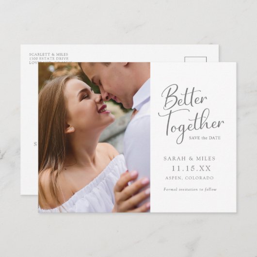 Carte Postale Faire-part Élégant Mariage photo de script moderne (Devant / Derrière)