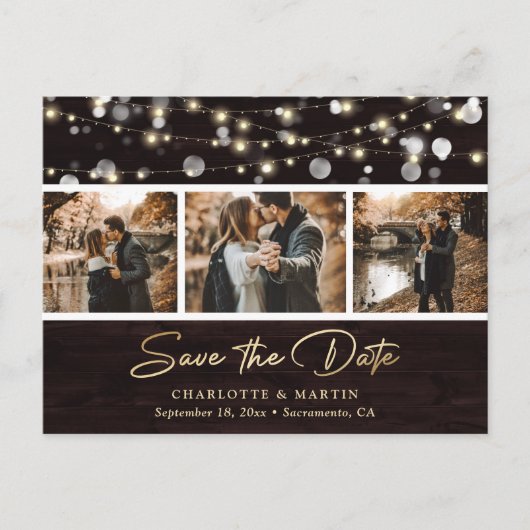 Carte Postale Faire-part Élégant Mariage Rustique Bois 3 Photo Enregistrer (Devant)