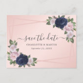 Carte Postale Faire-part Elégant Marine Bleu Blush Rose Mariage Enregistrer (Devant)