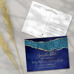 Carte Postale Faire-part Elégant Marine Blue Agate Mariage Enregistrer La D
