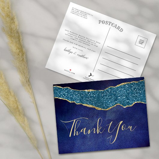 Carte Postale Faire-part Elégant Marine Blue Agate Mariage Merci