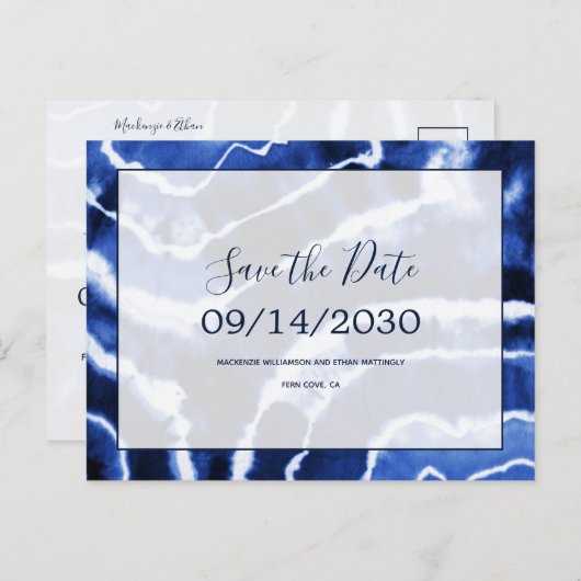 Carte Postale Faire-part Elégant Marine Marble Tie Dye Mariage Enregistrer  (Devant / Derrière)