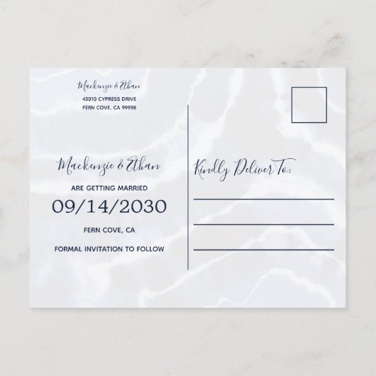 Carte Postale Faire-part Élégant Marine Marbré Tie Dye Mariage Enregistrer  (Dos)