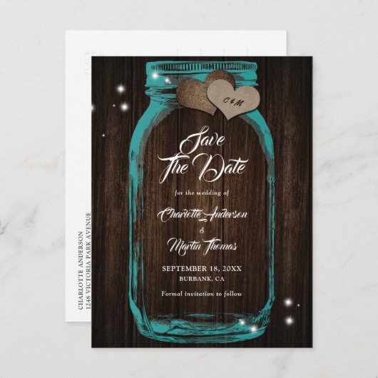 Carte Postale Faire-part Elégant Mason Turquoise Jar Mariage en bois Enregi (Devant / Derrière)