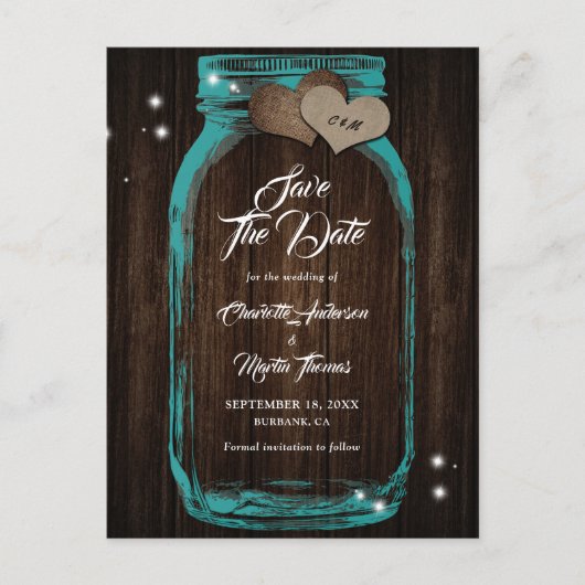Carte Postale Faire-part Elégant Mason Turquoise Jar Mariage en bois Enregi (Devant)