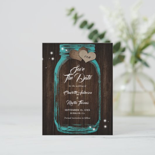 Carte Postale Faire-part Elégant Mason Turquoise Jar Mariage en bois Enregi (Debout devant)