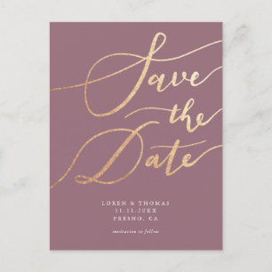 Carte Postale Faire-part Élégant Mauve Gold Script Enregistrer la date