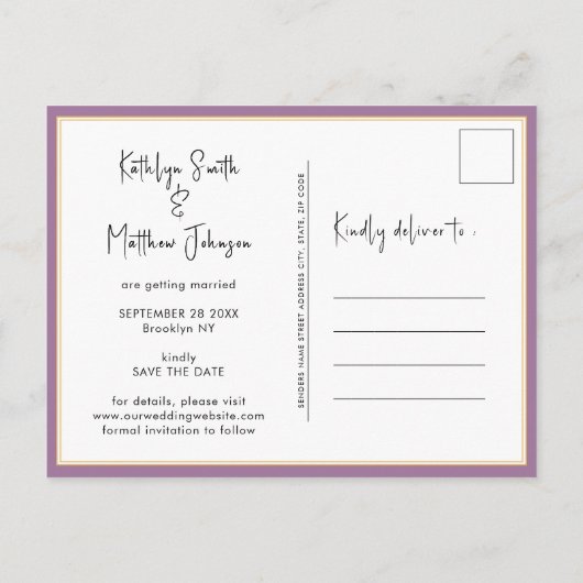 Carte Postale Faire-part Elégant Mauve Modern Photo Wedding Enregistrer La (Dos)