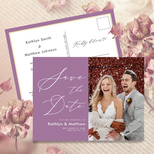 Carte Postale Faire-part Elégant Mauve Modern Photo Wedding Enregistrer La