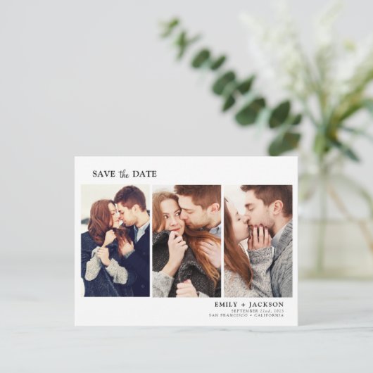 Carte Postale Faire-part Élégant Moderne Enregistrer la Date 3 Photo Minima (Debout devant)