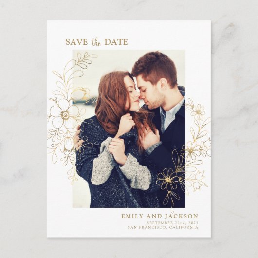 Carte Postale Faire-part Élégant Moderne Épargnez la Date Photo Or Floral (Devant)