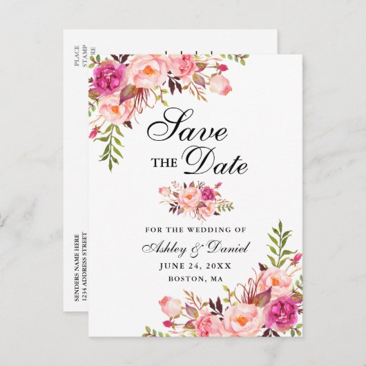 Carte Postale Faire-part Élégant Moderne Fleurs Roses Save the Date (Devant / Derrière)