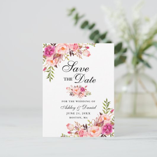 Carte Postale Faire-part Élégant Moderne Fleurs Roses Save the Date (Debout devant)