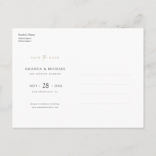 Carte Postale Faire-part Elégant moderne Gold Photo Enregistrer la date Mar (Dos)