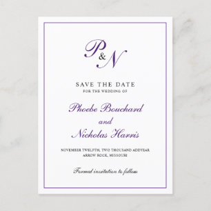 Carte Postale Faire-part Élégant Monogram Purple Wedding Enregistrer la dat