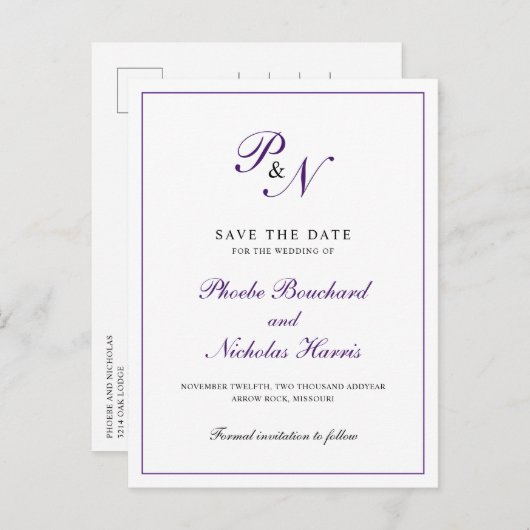 Carte Postale Faire-part Élégant Monogram Purple Wedding Enregistrer la dat (Devant / Derrière)