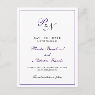 Carte Postale Faire-part Élégant Monogram Purple Wedding Enregistrer la dat