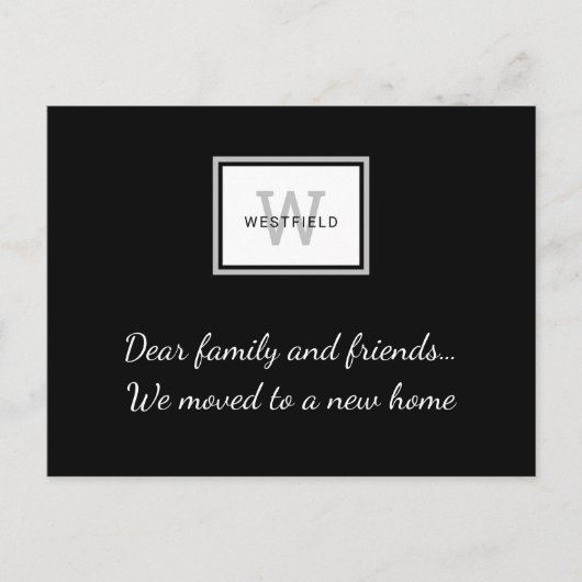 Carte Postale Faire-part Élégant Monogramme Gris Noir Nouveau Accueil Démén (Devant)