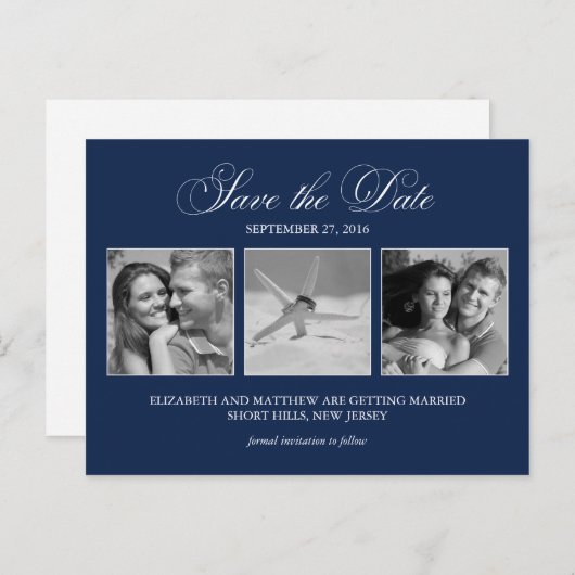 Carte Postale Faire-part Elegant Navy Blue Photo Wedding Enregistrer la dat (Devant / Derrière)