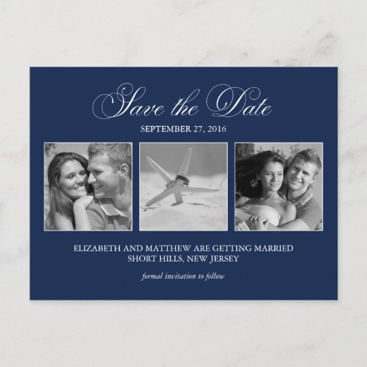 Carte Postale Faire-part Elegant Navy Blue Photo Wedding Enregistrer la dat (Devant)