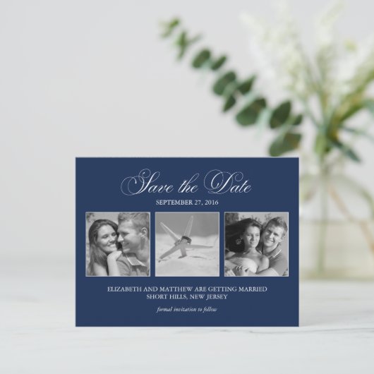 Carte Postale Faire-part Elegant Navy Blue Photo Wedding Enregistrer la dat (Debout devant)
