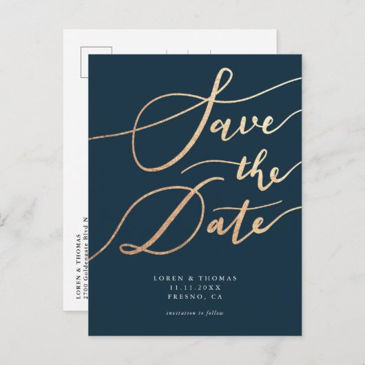Carte Postale Faire-part Elegant Navy Gold Script Enregistrer la date (Devant / Derrière)