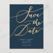 Carte Postale Faire-part Elegant Navy Gold Script Enregistrer la date (Devant)