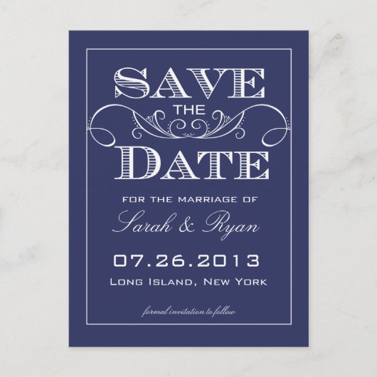 Carte Postale Faire-part Elegant Navy Swirl Enregistrer la date annonce (Devant)