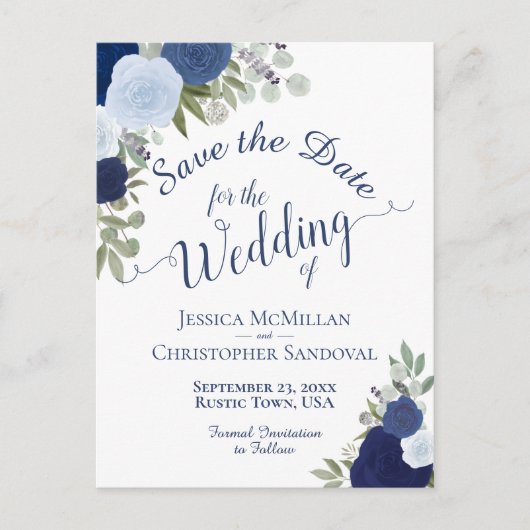 Carte Postale Faire-part Élégant Noces Navy & Roses Bleues Enregistrer la D (Devant)