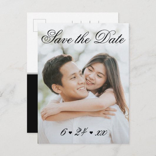 Carte Postale Faire-part Elégant noir blanc photo Mariage Enregistrer la da (Devant / Derrière)