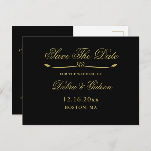 Carte Postale Faire-part Élégant Noir Coeur Noir Mariage Enregistrer la dat (Devant / Derrière)