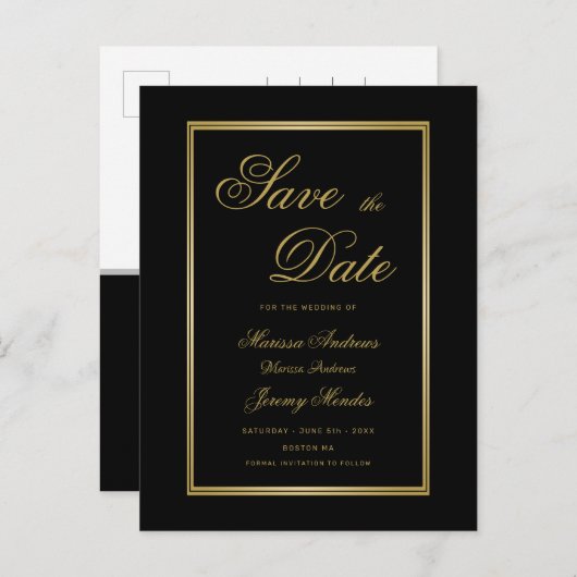 Carte Postale Faire-part Élégant Noir Noir Script Mariage Enregistrer la da (Devant / Derrière)