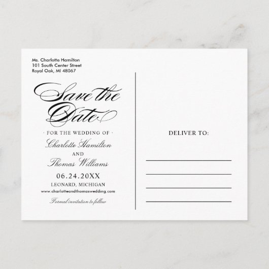 Carte Postale Faire-part Élégant noir Script Mariage photo Enregistrer la d (Dos)