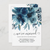 Carte Postale Faire-part Élégant Nous Avons Déménagé Floral Rose Bleu Marin (Devant / Derrière)