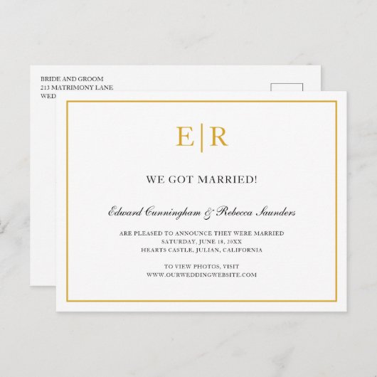 Carte Postale Faire-part Élégant or et blanc Monogramme Mariage officiel (Devant / Derrière)